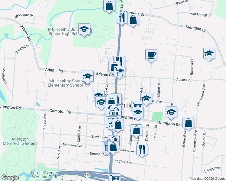map of restaurants, bars, coffee shops, grocery stores, and more near 7821 Hamilton Ave in Mt Healthy
