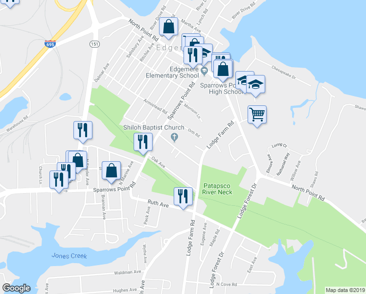 map of restaurants, bars, coffee shops, grocery stores, and more near 2525 Sycamore Avenue in Sparrows Point