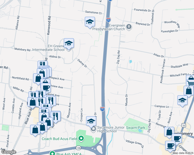 map of restaurants, bars, coffee shops, grocery stores, and more near 9804 Delray Drive in Cincinnati