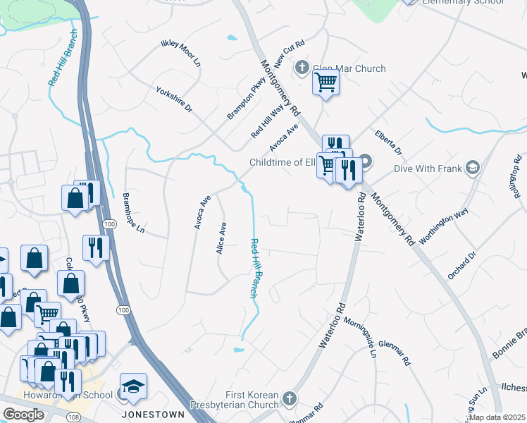 map of restaurants, bars, coffee shops, grocery stores, and more near 8556 Dina Lane in Ellicott City