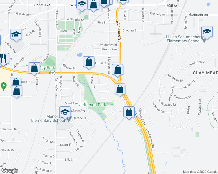 map of restaurants, bars, coffee shops, grocery stores, and more near 907 South Missouri Street in Liberty