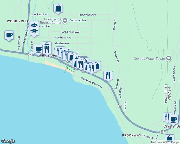 map of restaurants, bars, coffee shops, grocery stores, and more near 8697 North Lake Boulevard in Kings Beach