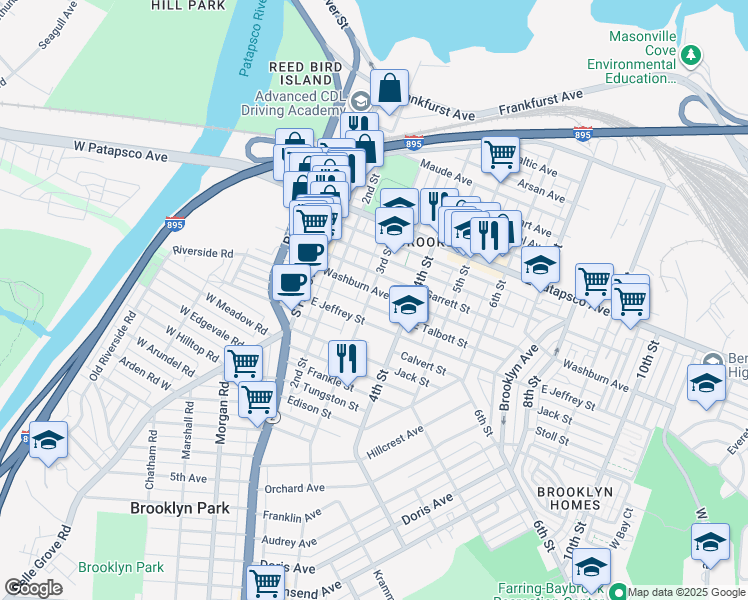 map of restaurants, bars, coffee shops, grocery stores, and more near 303 Washburn Avenue in Baltimore