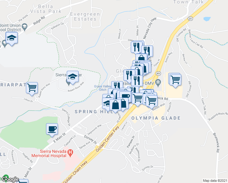map of restaurants, bars, coffee shops, grocery stores, and more near 1720 East Main Street in Grass Valley