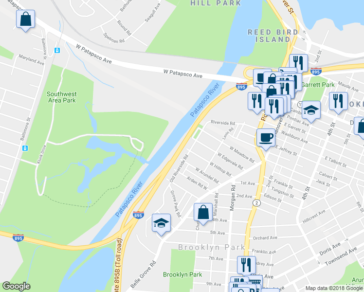 map of restaurants, bars, coffee shops, grocery stores, and more near 218 Old Riverside Road in Brooklyn Park