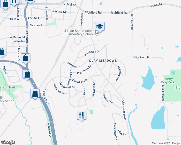 map of restaurants, bars, coffee shops, grocery stores, and more near 905 Redwood Court in Liberty