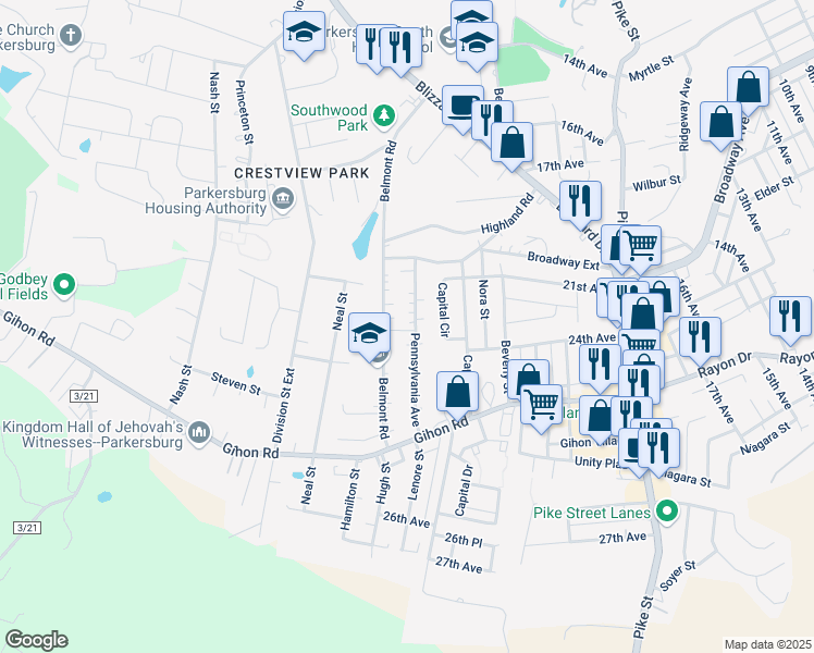 map of restaurants, bars, coffee shops, grocery stores, and more near 2204 Pennsylvania Ave in Parkersburg