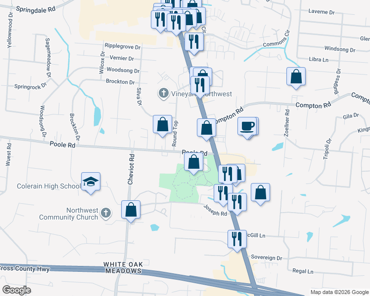 map of restaurants, bars, coffee shops, grocery stores, and more near 3484 Poole Road in Cincinnati