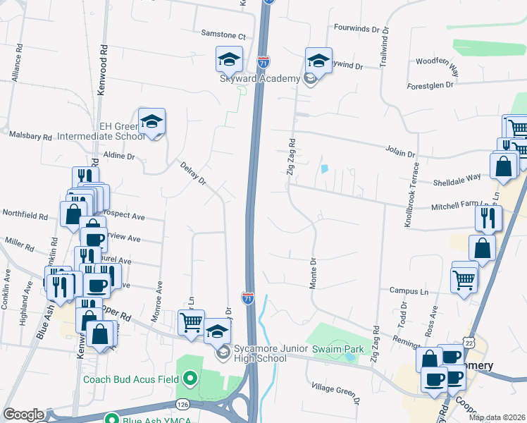 map of restaurants, bars, coffee shops, grocery stores, and more near 13034 Coopermeadow Lane in Cincinnati