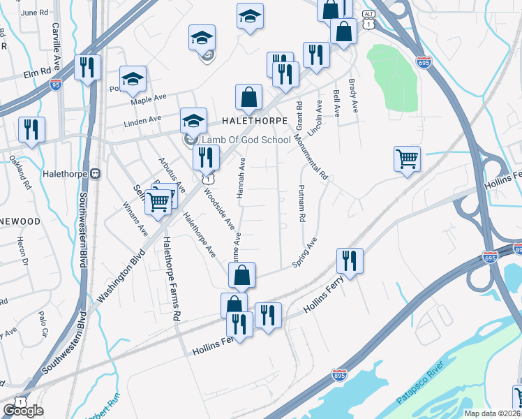 map of restaurants, bars, coffee shops, grocery stores, and more near 1951 Catanna Avenue in Halethorpe