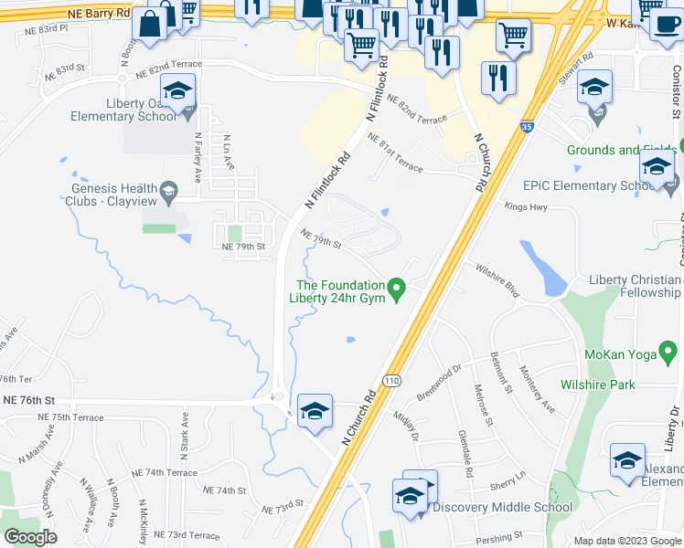 map of restaurants, bars, coffee shops, grocery stores, and more near 9363 Northeast 79th Street in Kansas City