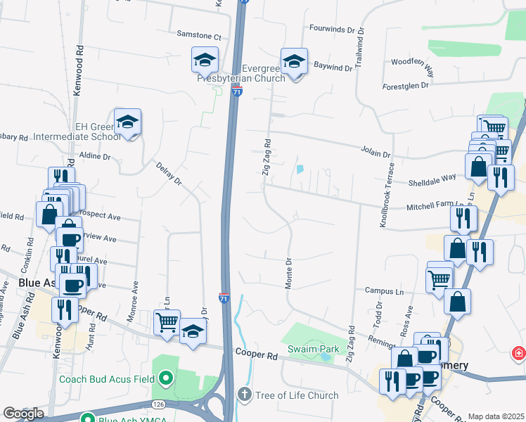 map of restaurants, bars, coffee shops, grocery stores, and more near 8815 Monte Drive in Cincinnati