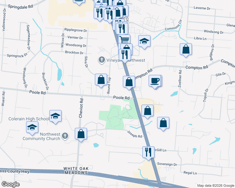 map of restaurants, bars, coffee shops, grocery stores, and more near 3484 Poole Road in Cincinnati