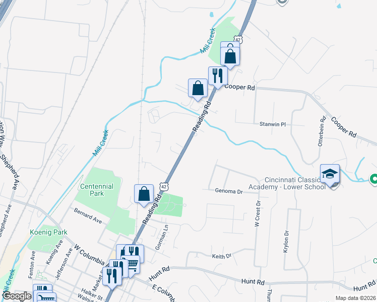 map of restaurants, bars, coffee shops, grocery stores, and more near 9496 Reading Road in Cincinnati
