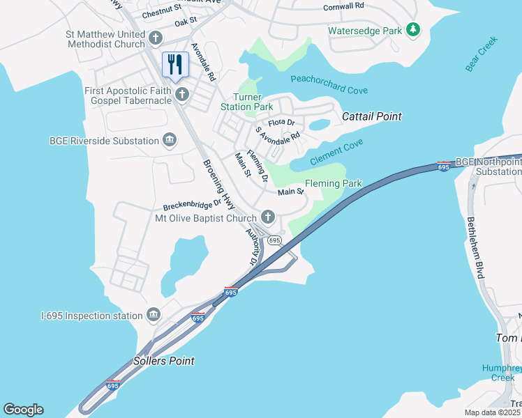 map of restaurants, bars, coffee shops, grocery stores, and more near 607 New Pittsburg Avenue in Dundalk