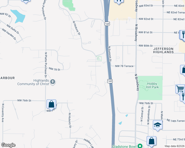 map of restaurants, bars, coffee shops, grocery stores, and more near 7741 North Mercier Street in Kansas City