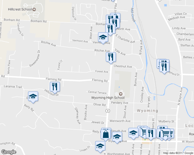 map of restaurants, bars, coffee shops, grocery stores, and more near 46 Fleming Road in Cincinnati