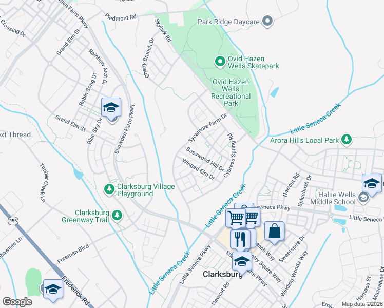 map of restaurants, bars, coffee shops, grocery stores, and more near 23126 Basswood Hill Drive in Clarksburg