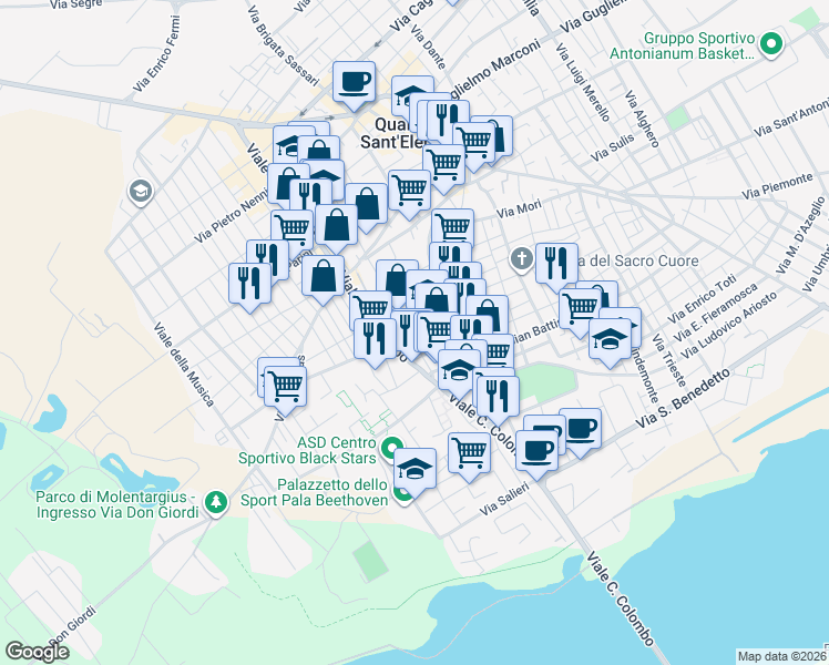 map of restaurants, bars, coffee shops, grocery stores, and more near 29 Via Ugo Foscolo in Quartu Sant'Elena