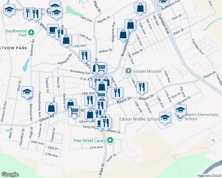map of restaurants, bars, coffee shops, grocery stores, and more near 1700 Crescent Street in Parkersburg