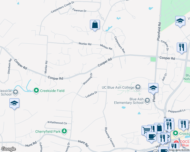 map of restaurants, bars, coffee shops, grocery stores, and more near 9666 Waxwing Drive in Cincinnati