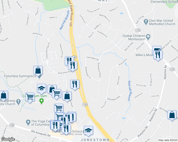 map of restaurants, bars, coffee shops, grocery stores, and more near 4942 Bramhope Lane in Ellicott City