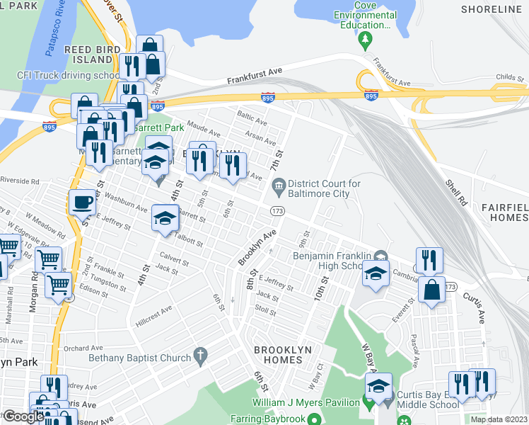 map of restaurants, bars, coffee shops, grocery stores, and more near 711 East Patapsco Avenue in Baltimore