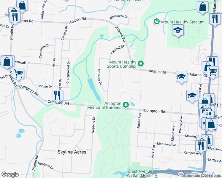 map of restaurants, bars, coffee shops, grocery stores, and more near 9116 Ranchill Drive in Cincinnati