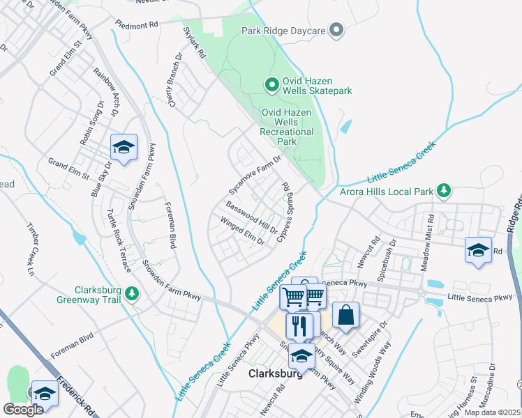 map of restaurants, bars, coffee shops, grocery stores, and more near 12022 Chestnut Glen Road in Clarksburg