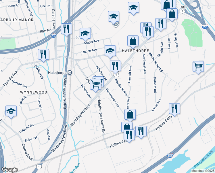 map of restaurants, bars, coffee shops, grocery stores, and more near 1822 Arbutus Avenue in Halethorpe