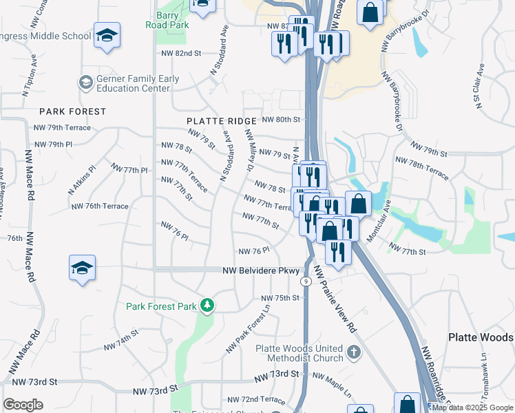 map of restaurants, bars, coffee shops, grocery stores, and more near 6919 Northwest 77th Terrace in Kansas City