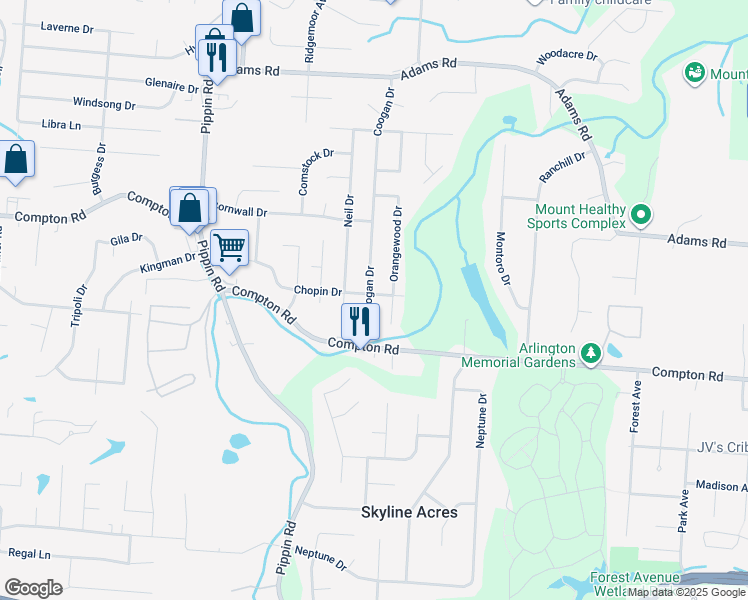 map of restaurants, bars, coffee shops, grocery stores, and more near 9093 Coogan Drive in Cincinnati