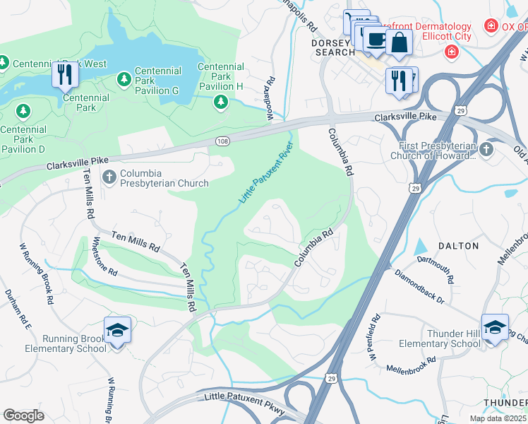 map of restaurants, bars, coffee shops, grocery stores, and more near 5322 Butler Court in Columbia