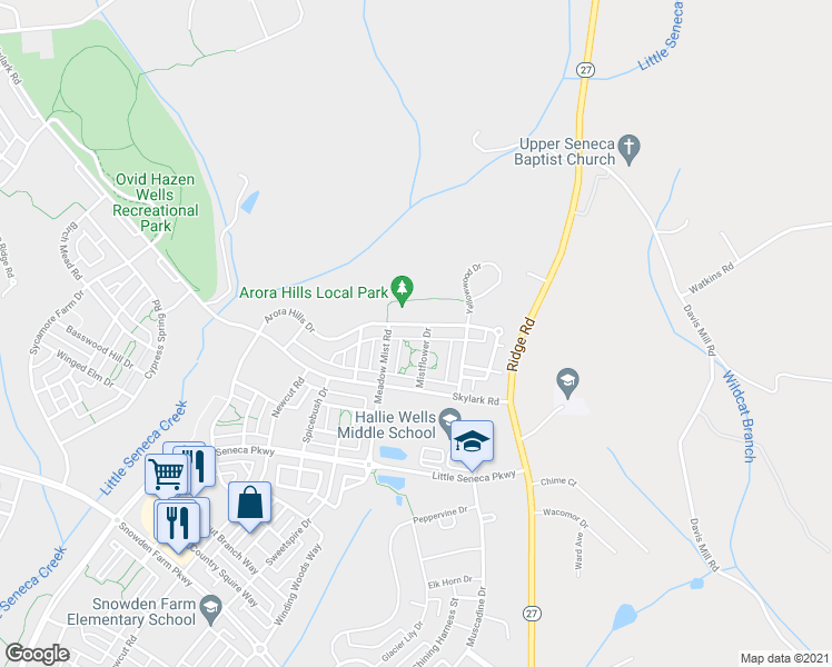map of restaurants, bars, coffee shops, grocery stores, and more near 23323 Arora Hills Drive in Clarksburg