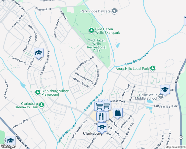 map of restaurants, bars, coffee shops, grocery stores, and more near 23011 Birch Mead Road in Clarksburg