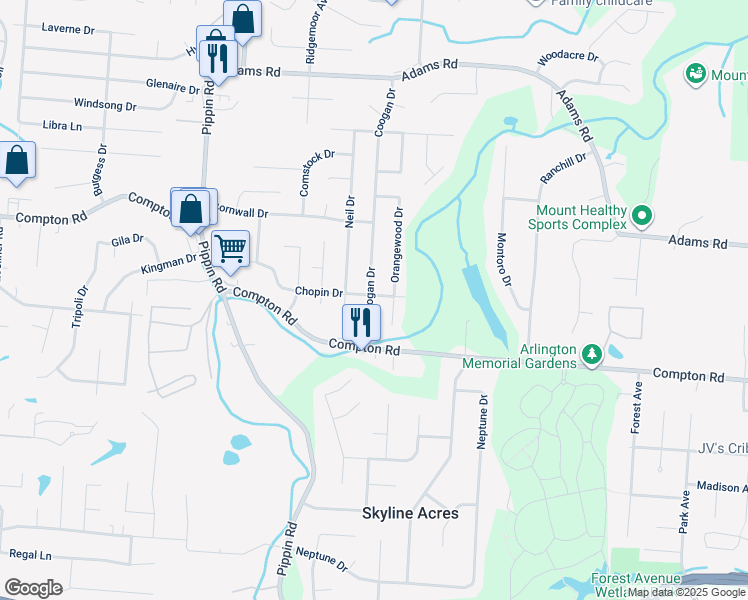 map of restaurants, bars, coffee shops, grocery stores, and more near 9093 Coogan Drive in Cincinnati