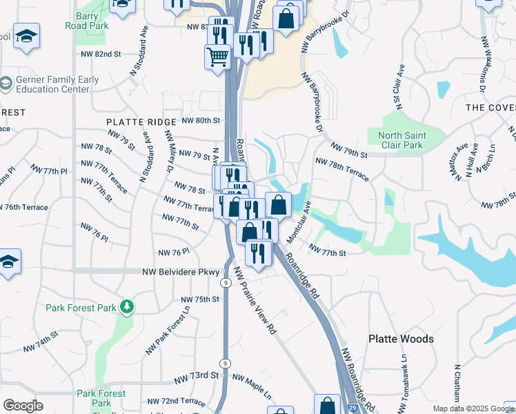 map of restaurants, bars, coffee shops, grocery stores, and more near Interstate 29 in Kansas City