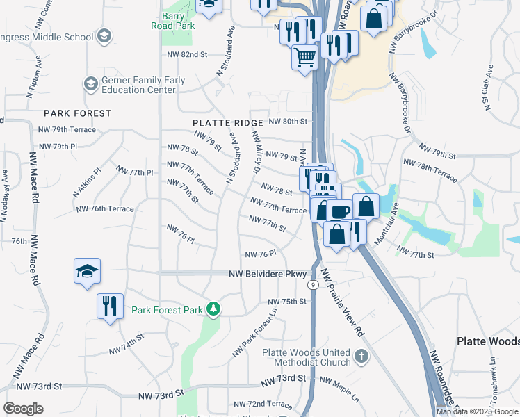 map of restaurants, bars, coffee shops, grocery stores, and more near 6919 Northwest 77th Terrace in Kansas City