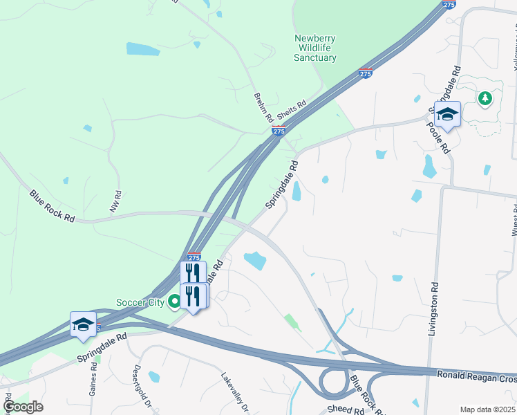 map of restaurants, bars, coffee shops, grocery stores, and more near 5568 Springdale Road in Cincinnati