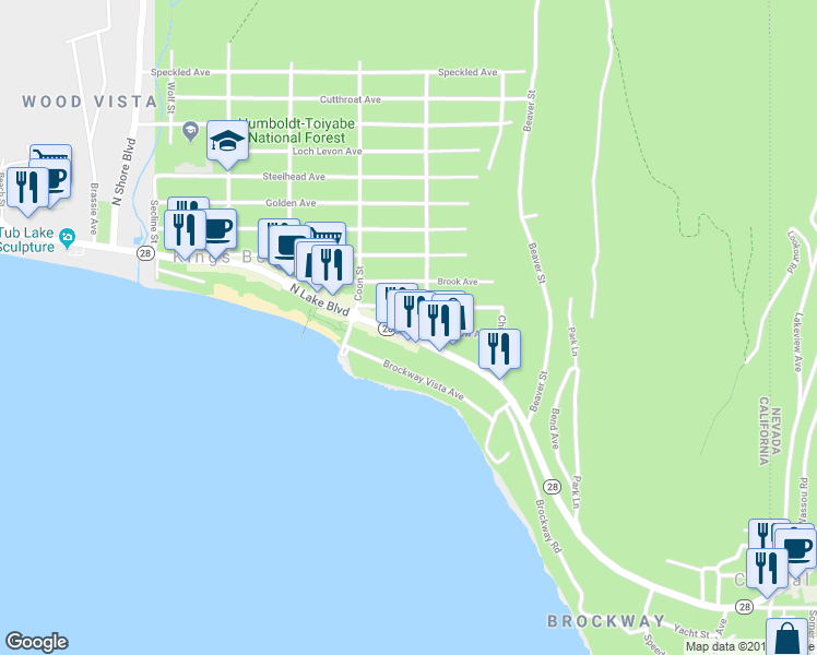 map of restaurants, bars, coffee shops, grocery stores, and more near 8693 North Lake Boulevard in Kings Beach