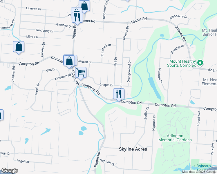 map of restaurants, bars, coffee shops, grocery stores, and more near 9098 Trinidad Drive in Cincinnati