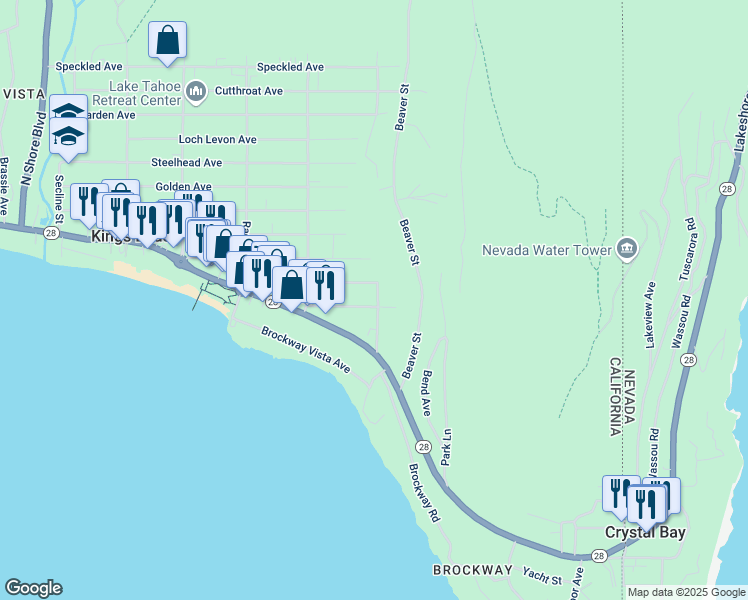 map of restaurants, bars, coffee shops, grocery stores, and more near 247 Chipmunk Street in Kings Beach