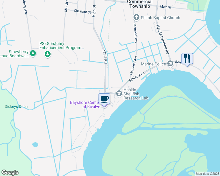 map of restaurants, bars, coffee shops, grocery stores, and more near Howard Street in Commercial Township