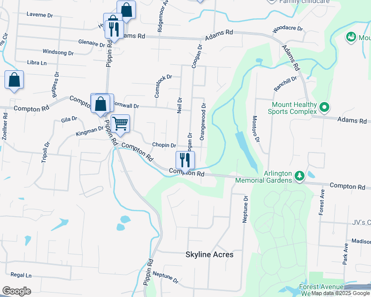 map of restaurants, bars, coffee shops, grocery stores, and more near 9093 Coogan Dr in Cincinnati