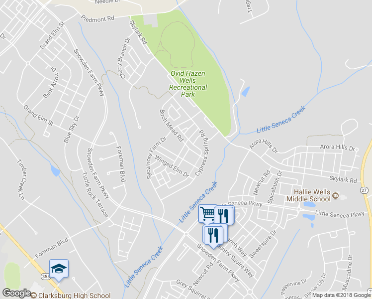 map of restaurants, bars, coffee shops, grocery stores, and more near 12018 Chestnut Glen Road in Clarksburg