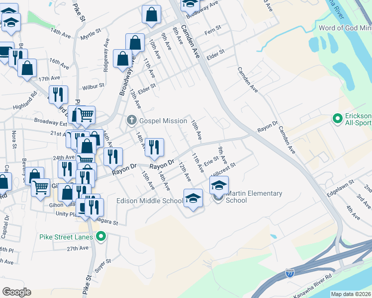map of restaurants, bars, coffee shops, grocery stores, and more near 1100 Rayon Dr in Parkersburg