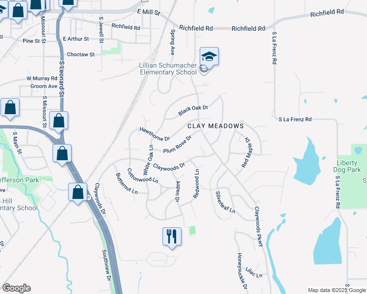 map of restaurants, bars, coffee shops, grocery stores, and more near 905 Redwood Court in Liberty