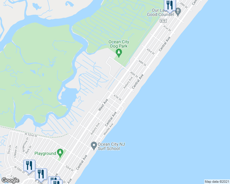 map of restaurants, bars, coffee shops, grocery stores, and more near 4653 West Avenue in Ocean City