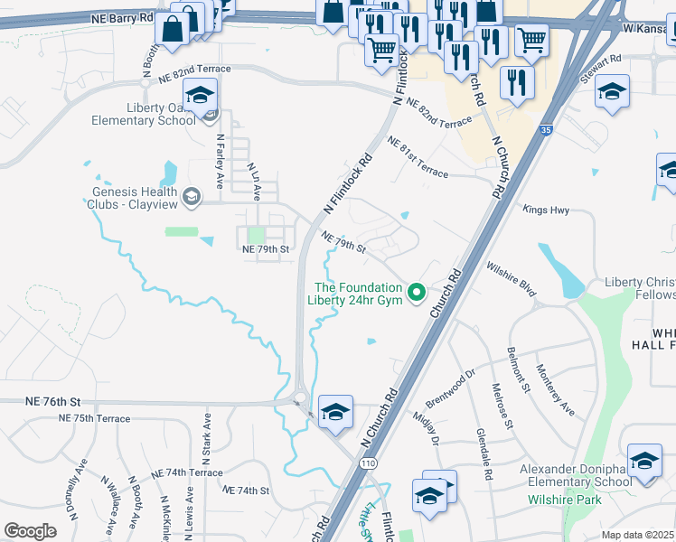 map of restaurants, bars, coffee shops, grocery stores, and more near 9315 Northeast 79th Street in Kansas City