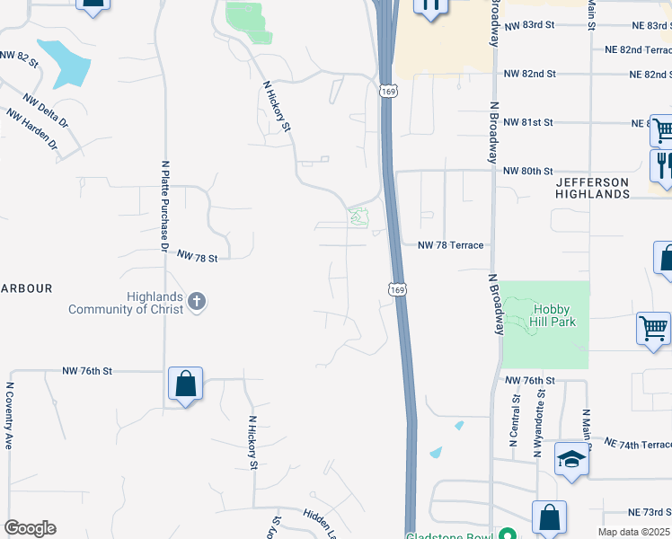 map of restaurants, bars, coffee shops, grocery stores, and more near 7749 North Mercier Street in Kansas City